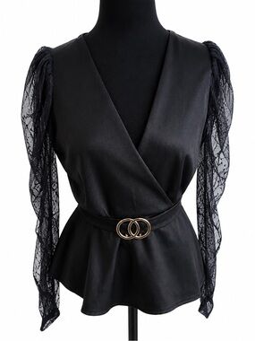 Story On Black Wrap Peplum Blouse Mesh Puff Sleeves Size M